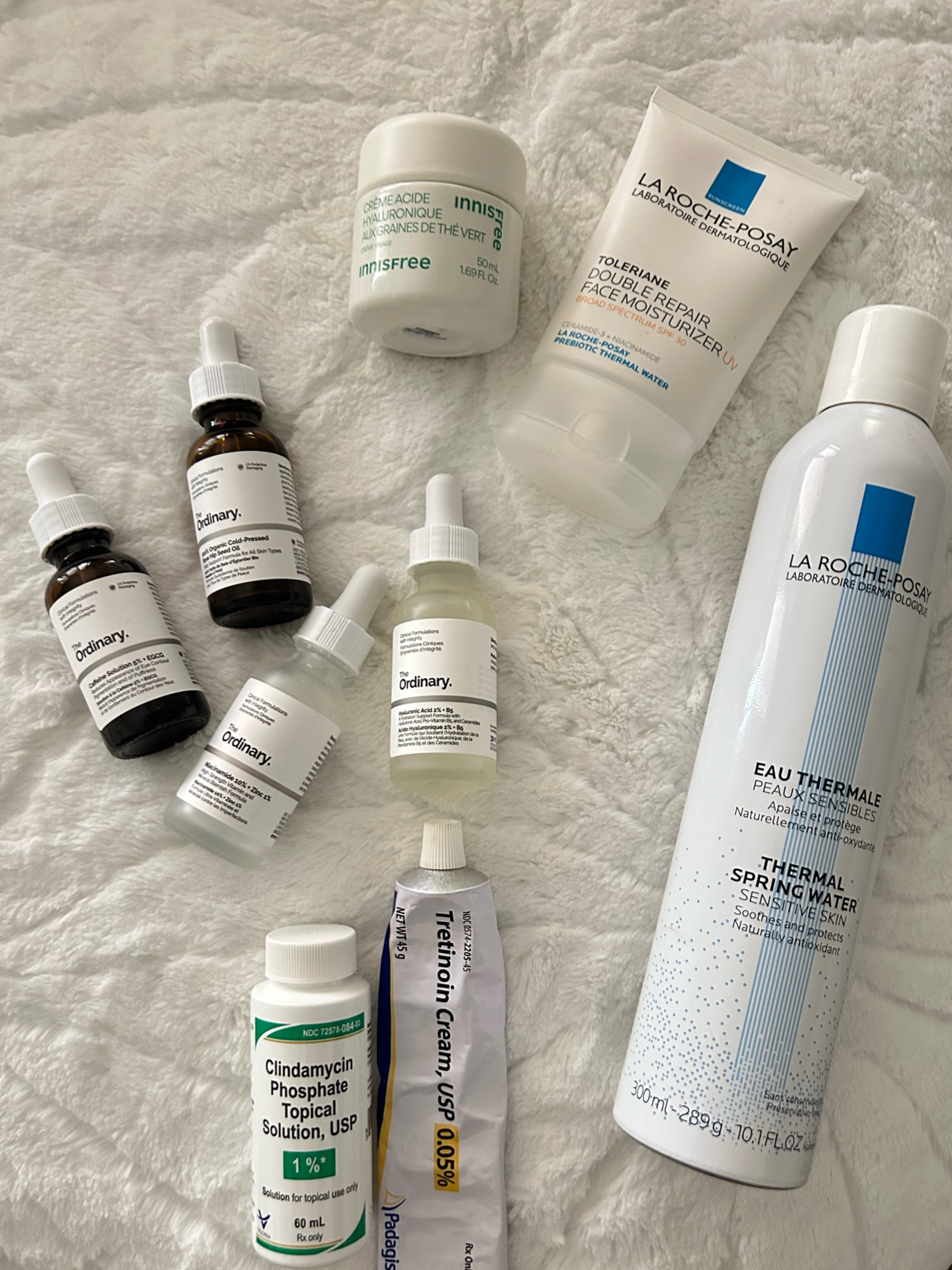 What I do is something called “skin cycling” what it it? .. a skincare routine that involves alternating between using active ingredients and giving your skin time to rest. 
I’ve struggled with acne years & years ago. After going to the dermatologist & years & years of research on what works best for MY skin. I’ve finally founded the products. 
I always use my “La Roche Posay Toner” every Monday-Thursday MORNING & NIGHT. Friday MORNING. Saturday-Sunday MORNING & NIGHT. 
My “La Roche Posay Thermal Spring 
Water” I use every MONDAY-SUNDAY NIGHT! 
As “The Ordinary Caffeine Solution” I use every Monday-Thursday MORNING & NIGHT. Friday MORNING. Saturday-SUNDAY MORNING & NIGHT. 
Innisfree - every night except Monday-Thursday & Friday 
Tretinoin - every Tuesday NIGHT. Saturday & Sunday NIGHT. 
Clindamycin - every night for a “toner” before my skincare. 
“La Roche Posay Toner” - Every morning! 
Monday & Thursday MORNING I use my “Clindamycin” with my “The Ordinary Caffeine Solution” & my “La Roche Posay Double Repair Face Moisturizer with SPF 30” 
Monday & Thursday NIGHT  (not listed but tagged) I always start out with my “Clindamycin” then use my “The Ordinary Caffeine Solution” Lastly, I use my “TheInkeyList Blemish Night Treatment 
Tuesday & Wednesday MORNING I like to use my “The Ordinary Hyaluronic Acid” serum following my eye cream & moisturizer. As well as Saturday & Sunday Morning. 
Tuesday - Wednesday & Saturday - Sunday at NIGHT I use “The Ordinary Niacinamide Serum” following the eye cream & the moisturizer (Innisfree) 