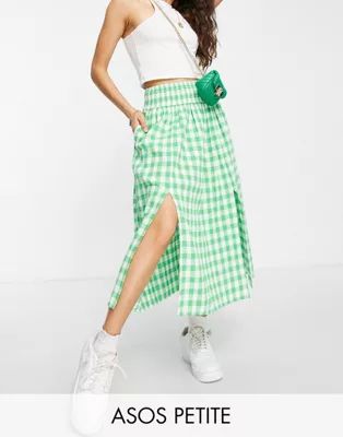 ASOS DESIGN Petite textured green & white gingham full midi skirt with pockets | ASOS (Global)