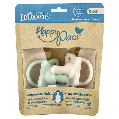 Dr. Brown's, HappyPaci™ Pacifier, 0-6 Months, Green, Grey & Ecru, 3 Count | iHerb