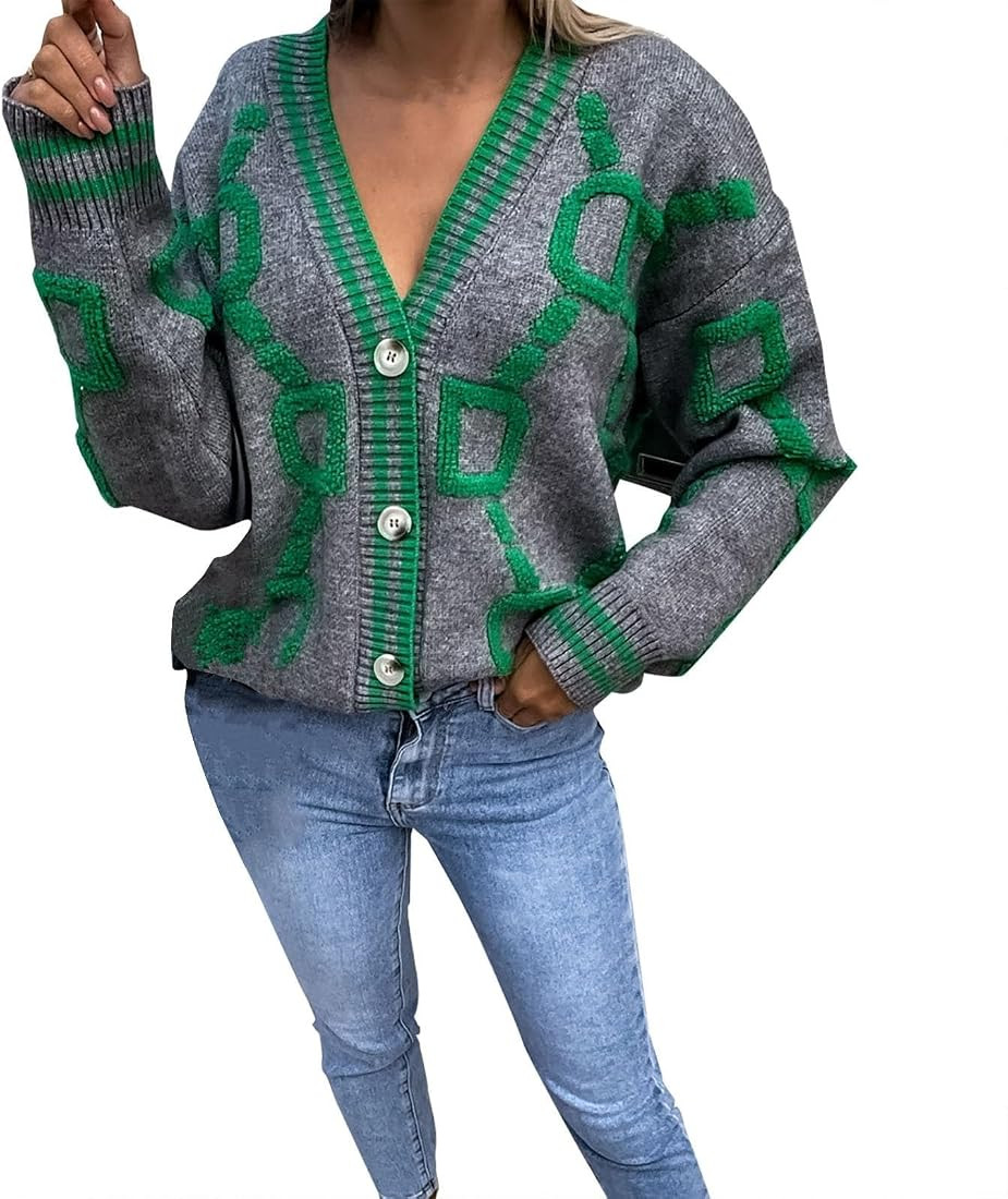 Women's Sweater Cardigan Oversized Button Down Long Sleeve Geometric Loose Knit Outerwear Plus Si... | Amazon (US)
