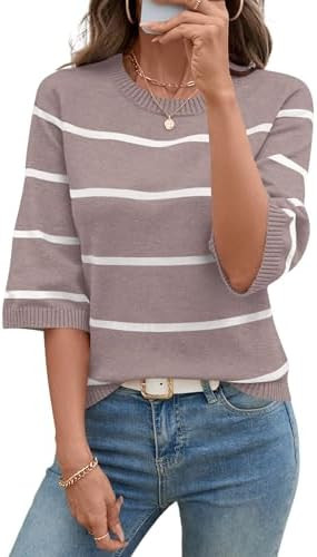 LOMON Womens Sweaters Casual Fall 2025 Crew Neck Striped 3/4 Sleeve Lightweight Knit Trendy Pullo... | Amazon (US)