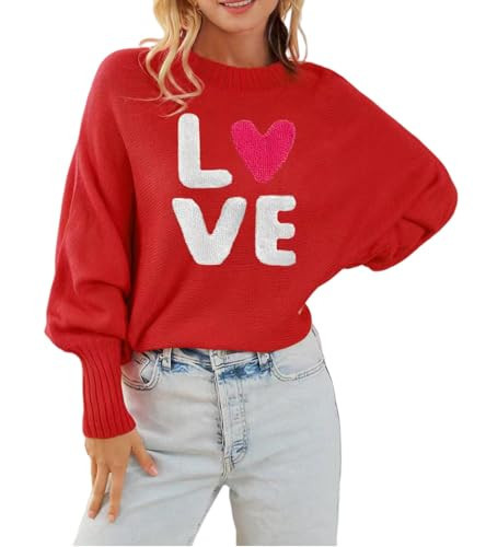 Scgirl Womens Love Heart Sweaters Long Batwing Sleeve Sweater Loose Fit Pullover Top Sweaters (L,Love Red) | Amazon (US)