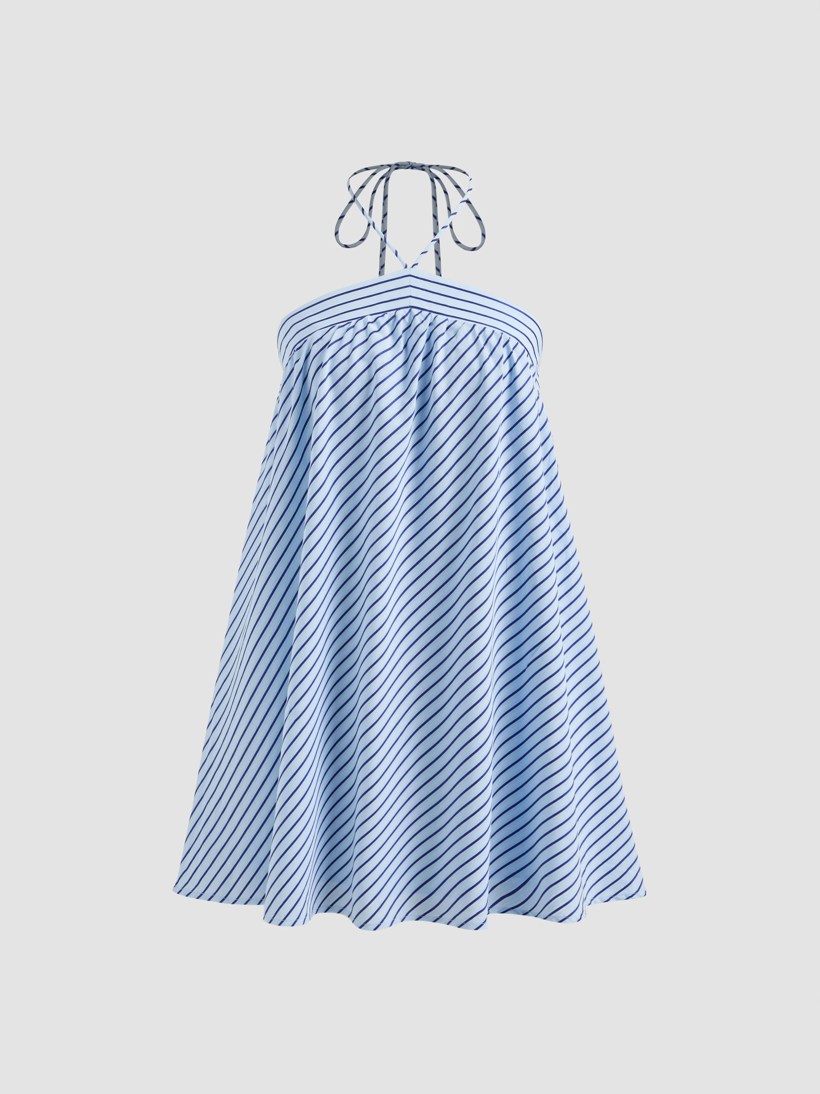 Woven Cotton-blend Halter Neckline Stripe Mini Dress For Daily Casual | Cider