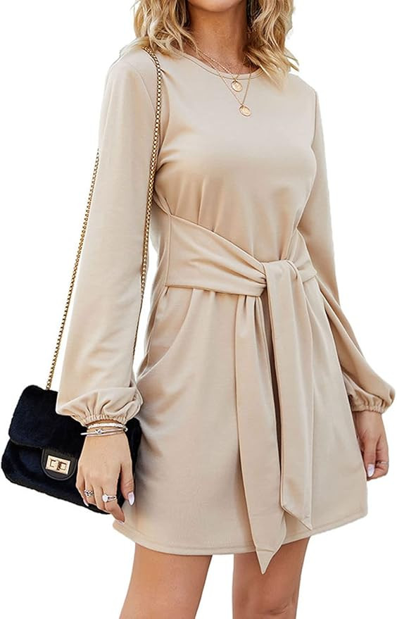 Tobrief Women's Fall Winter Long Lantern Sleeve Knit Short Dress Tie Waist Sweater Dress | Amazon (US)
