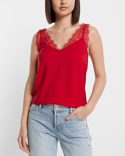 Satin Lace Strap V-Neck Downtown Cami | Express