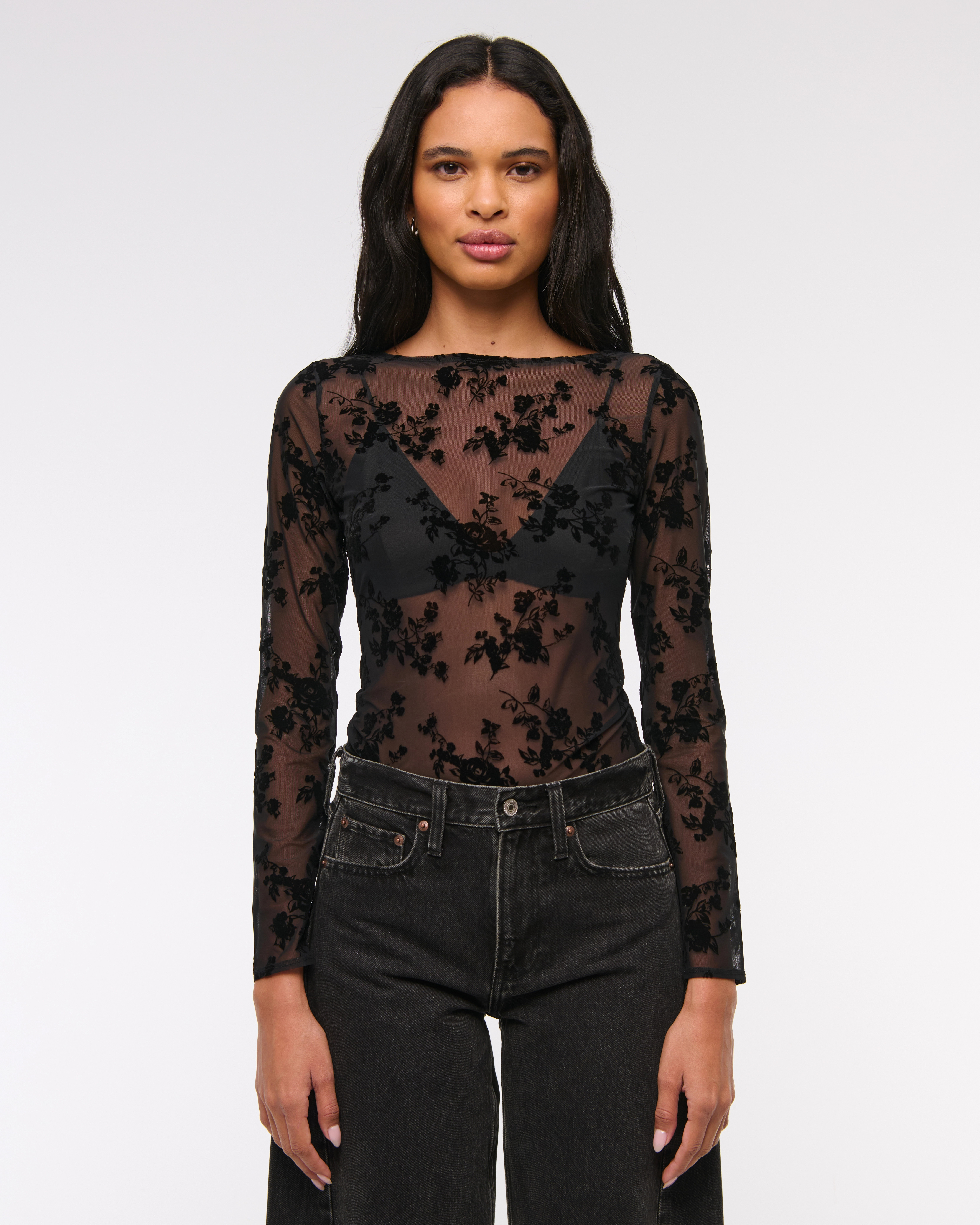 Long-Sleeve Slash Mesh Top | Abercrombie & Fitch (US)