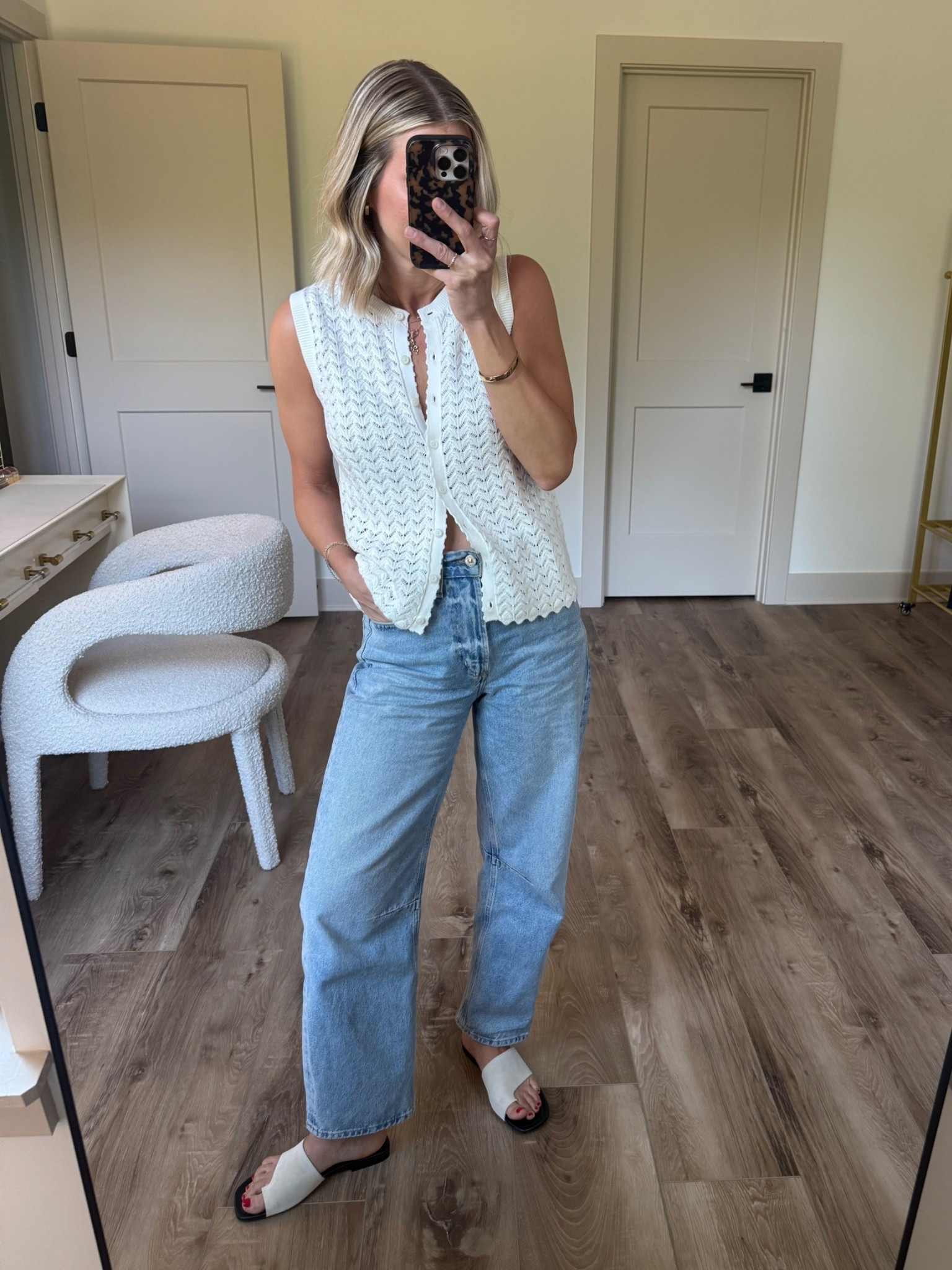 Wearing small sweater vest, 24 jeans (sized down for closer fit), sandals tts