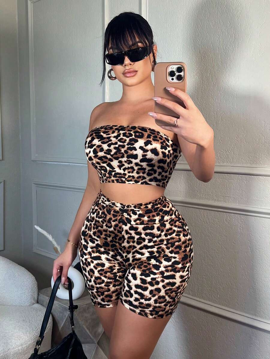 SHEIN SXY Plus Size Women's Spring & Summer Sexy Basic Leopard Two Pieces Outfits:Leopard Print T... | SHEIN