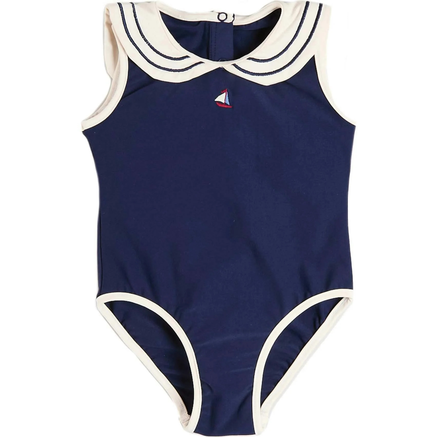 Mariner Collar Embroidered Boat Motif Swimsuit in Navy (12mths-10yrs) | Maisonette
