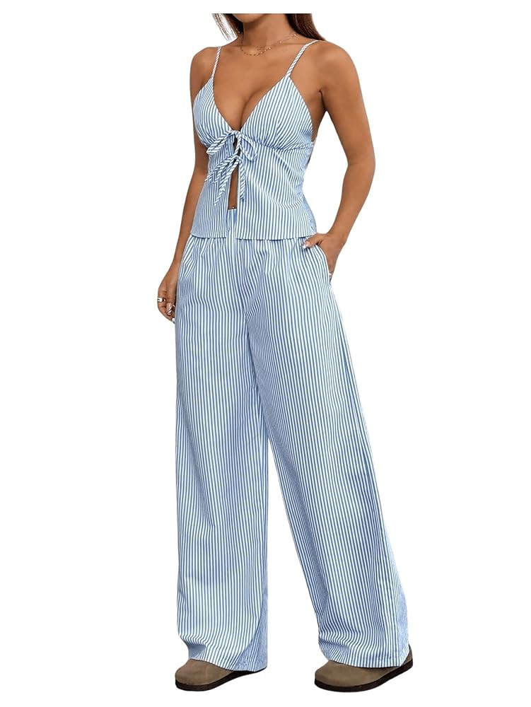 Floerns Women's 2 Piece Outfit Striped Tie Front Camisole Tops and Long Pants Set | Amazon (US)