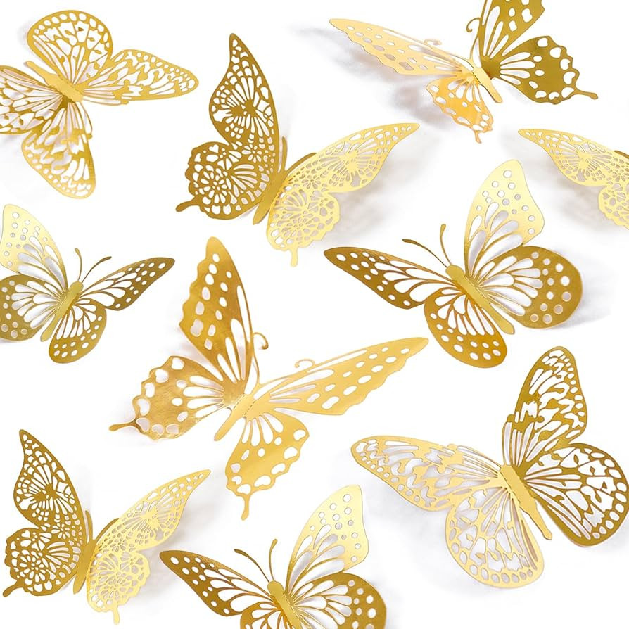 SAOROPEB 3D Butterfly Wall Decor 48 Pcs Gold Butterfly Birthday Decorations | Amazon (US)