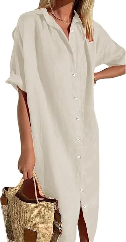 Womens Maxi Dress Button Down Rolled-Up Sleeve Cotton Linen Casual Dress Summer Vacation Beach Su... | Amazon (US)