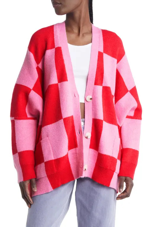 Dressed in Lala Love You Oversize Cardigan in Pink Red Check at Nordstrom, Size Large | Nordstrom