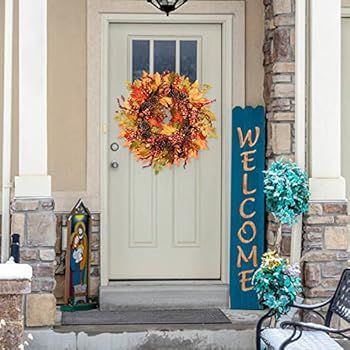 TechKen Fall Wreath, 24inches Autumn Wreath Fall Door Wreath with Artificial Fruits and Yellow Le... | Amazon (US)