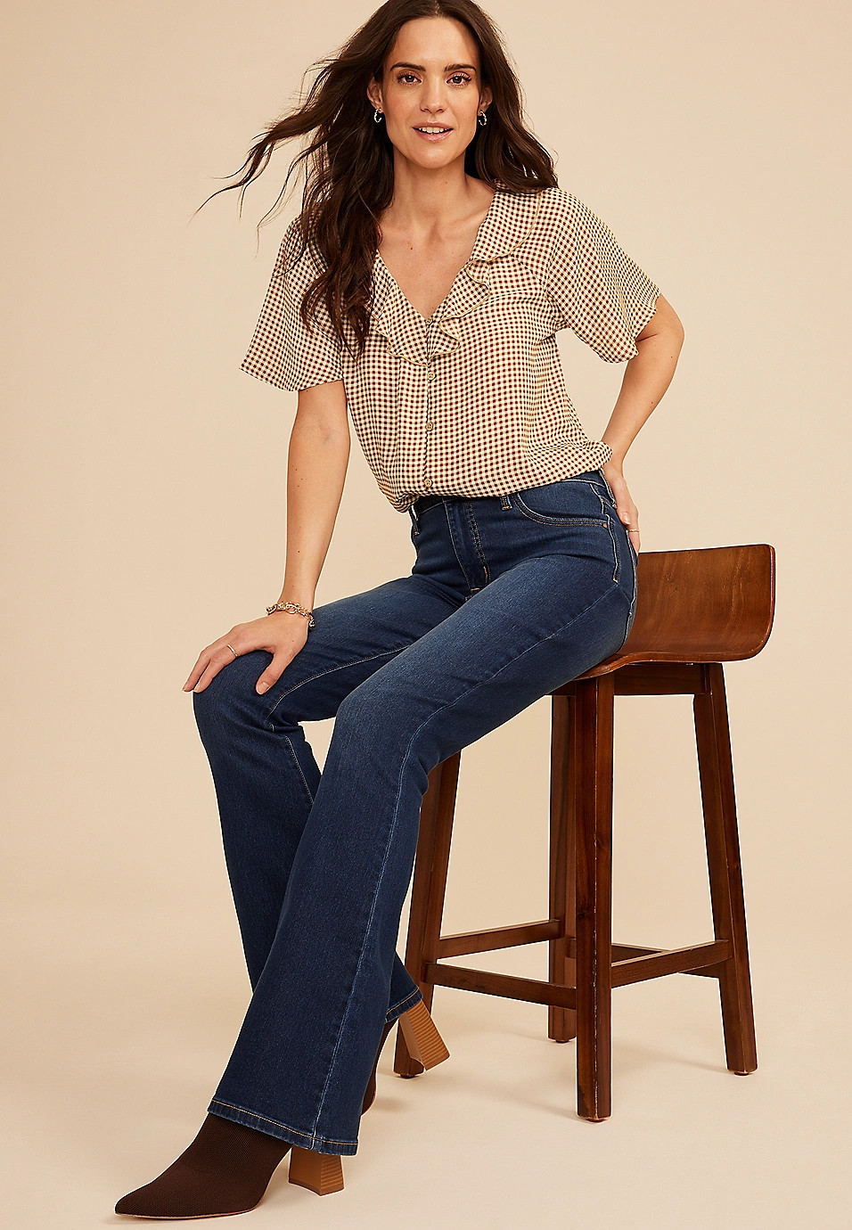 Gingham Ruffle Button Front Blouse | Maurices