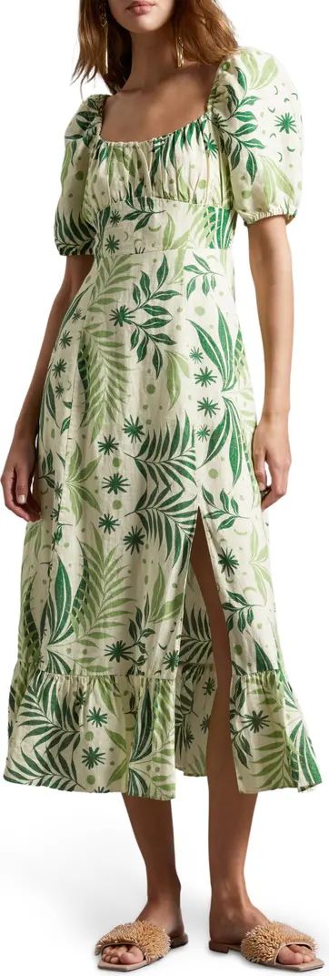 Print Puff Sleeve Linen Dress | Nordstrom