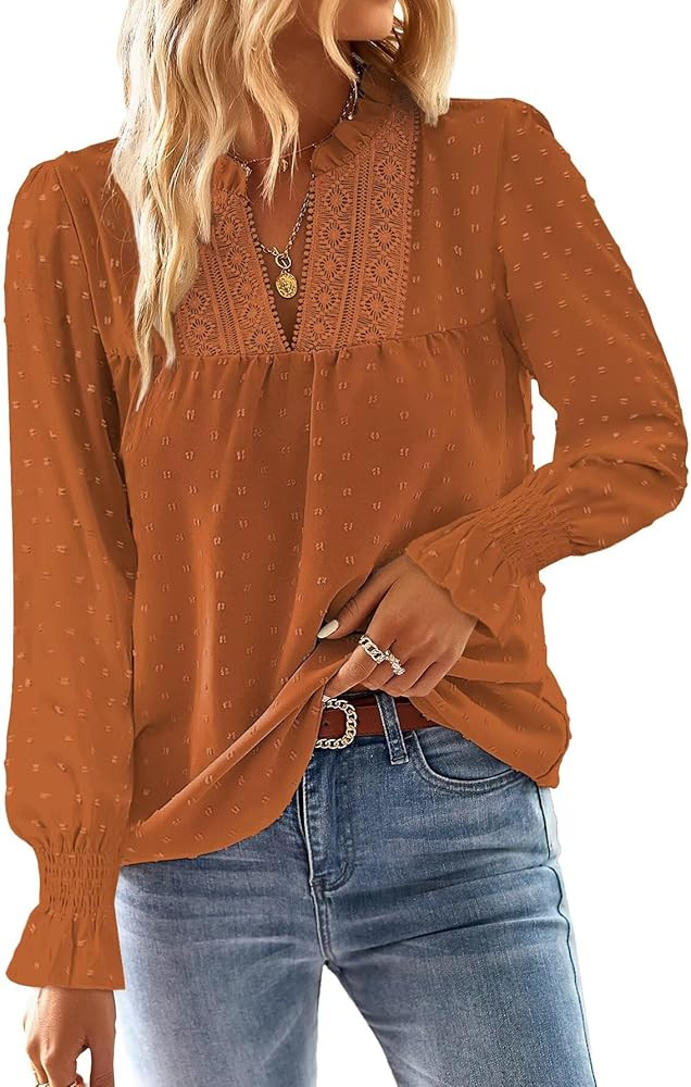 Womens Tops Butterfly Sleeve V Neck Blouses for Women Flowy Swiss Dot Ruffle Dressy Casual Long S... | Amazon (US)