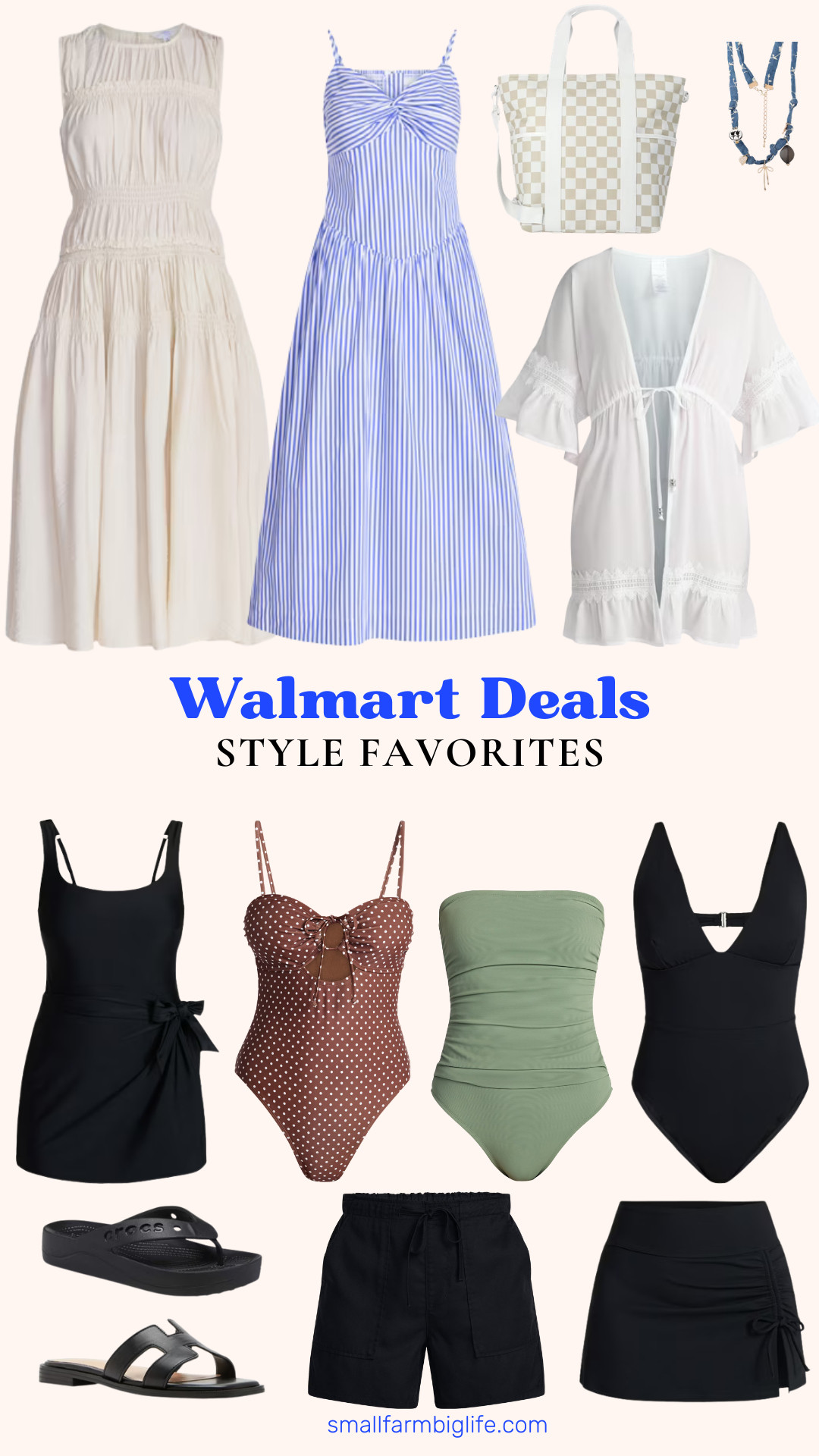 Walmart Deals Days is live and these summer style picks are all on sale right now. I rounded up some of my favorite finds including swimsuits in black, brown polka dot, and olive green, a wrap swim dress, and a chiffon kimono coverup that are perfect for the pool or beach this summer. The blue and white stripe twist front maxi dress and the smocked cream midi dress are two of my favorite easy summer dresses in this round up, and the black utility shorts are a great casual everyday staple. The Madden Girl slide sandals and Crocs platform flip flops are both comfortable and cute options for summer and the insulated checker beach tote is such a fun and practical bag for a day at the beach. Finish the look with the boho bandana charm necklace for a fun summer touch. Tap to shop while the sale is on! 

 #LTKootd #LTKOver40 #LTKSaleAlert