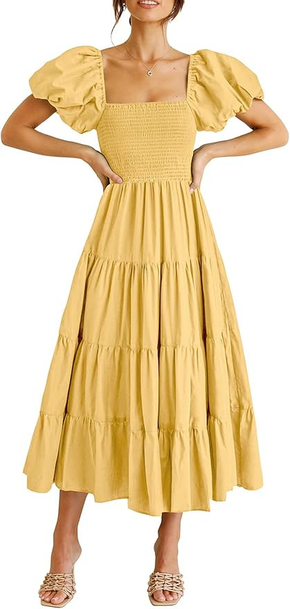 PRETTYGARDEN Women's Casual Summer Midi Dress Puffy Short Sleeve Square Neck Smocked Tiered Ruffl... | Amazon (US)