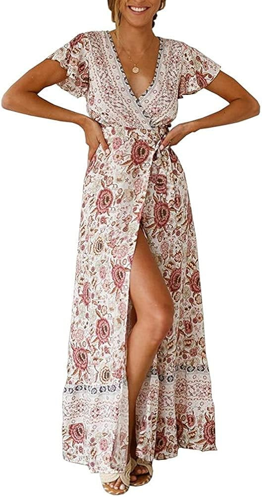 PRETTYGARDEN Women's Summer Bohemian Floral Printed Ruffle Hem Split Belted Flowy Long Dress | Amazon (US)