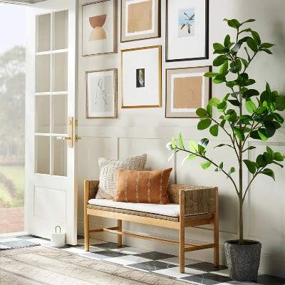 Elden Wood Bench with Woven Back and Loose Cushion Seat - Threshold™ designed with Studio McGee | Target