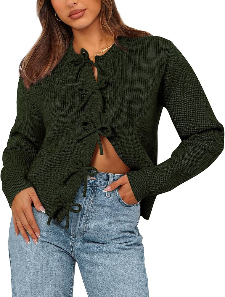 BTFBM Cardigan Sweaters for Women Trendy 2025 Fall Open Front Long Sleeve Button Down Bow Knot Cr... | Amazon (US)
