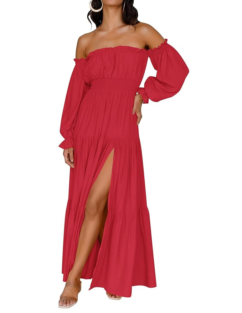 ZESICA Women's 2025 Boho Sexy Off Shoulder Long Sleeve Smocked High Waist Side Split Flowy A Line... | Amazon (US)