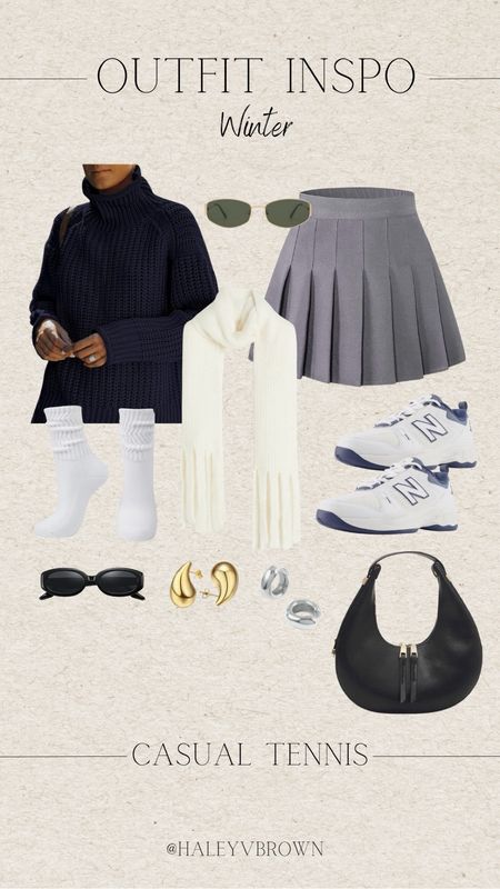 women’s sweatshirt, neutral sweatshirt, black oval sunglasses, cream handbag, neutral handbag, chunky gold earrings, chunky silver earrings, coffee date outfit, running errands outfit, winter outfit, winter outfit inspo, navy chunky sweater, grey tennis skirt, new balance, women’s sneakers, chunky tennis shoes, tube socks, loafer socks, wool scarf, thick scarf, neutral scarf, black handbag, winter handbag

#LTKSeasonal #LTKshoecrush #LTKstyletip