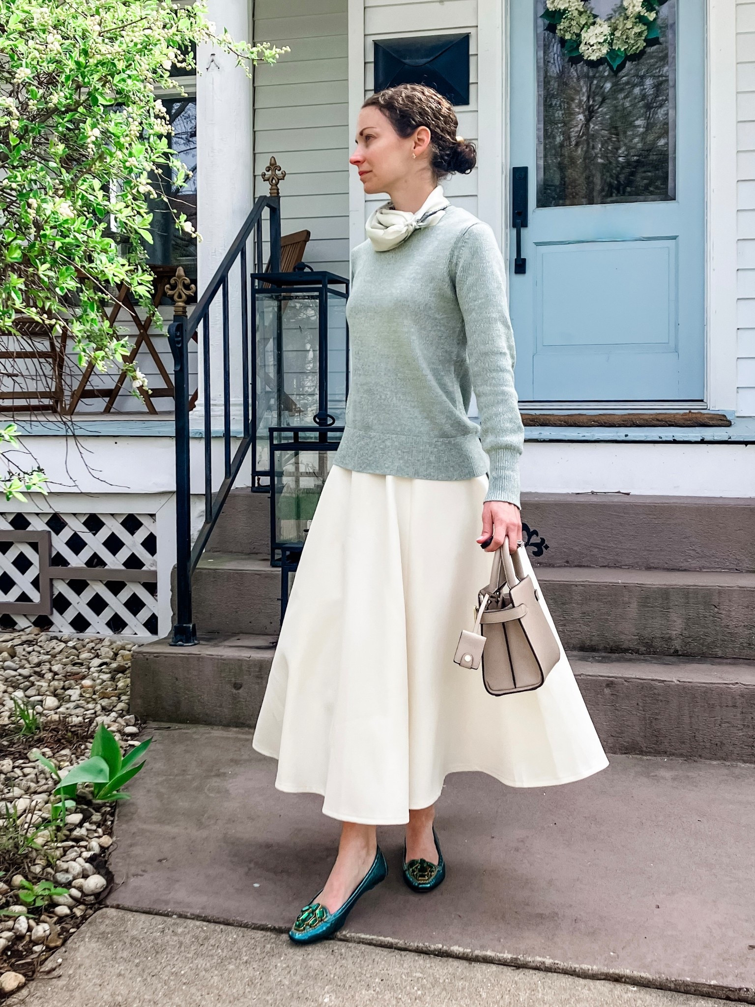 Spring church outfit!
Silk scarf is vintage, linking similar. 
Mint green sweater is old from Madewell, linking similar. 
Cream midi skirt from Chicwish. 
Leather handbag from Le Tanneur. 
Green jewel flats are vintage Prada, linking similar. 
Diamond stud earrings from Amazon. 
Eternity band ring from Amazon. 
Church outfit. Petite outfit. Spring outfit. Modest outfit. 

#LTKdayinmylife #LTKootd #LTKgrwm