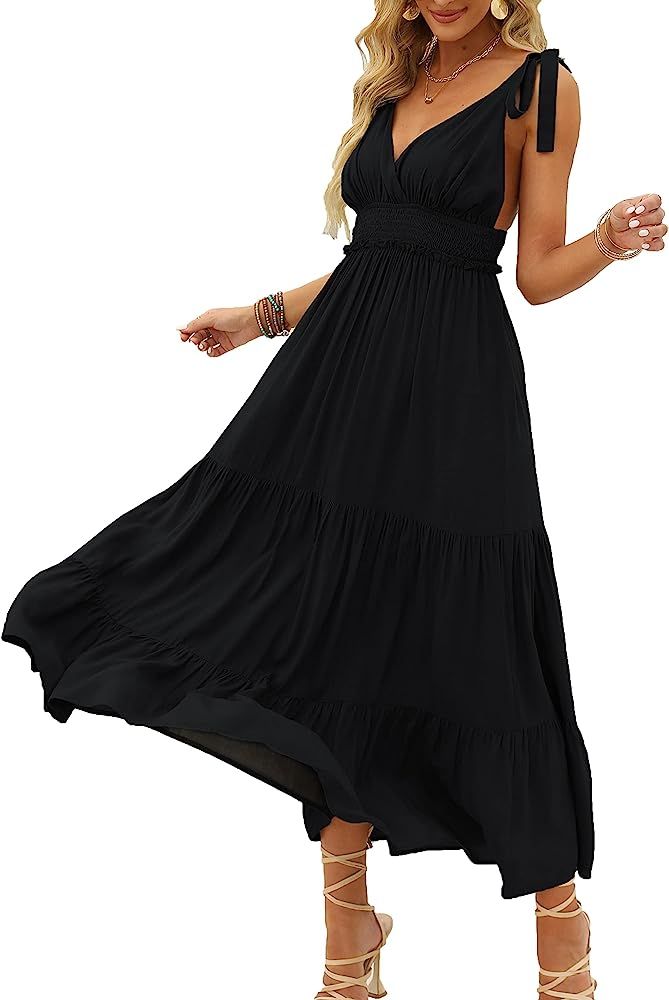 DEEP SELF Women's Summer V Neck Tie Strap Maxi Dress Halter Ruffle Hem Long Dresses Spaghetti Strap  | Amazon (US)