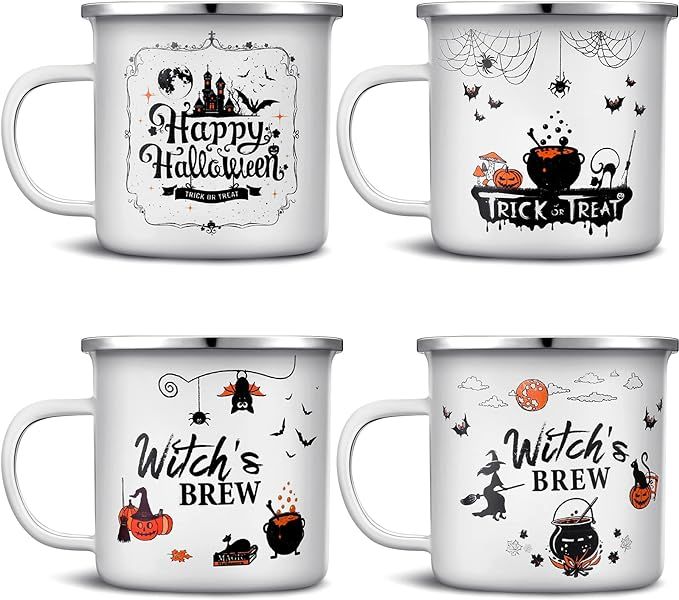 4 Pcs Halloween Coffee Cups Fall Novelty Coffee Mugs Enamel Campfire Mugs 12oz Witch's Brew Trick... | Amazon (US)