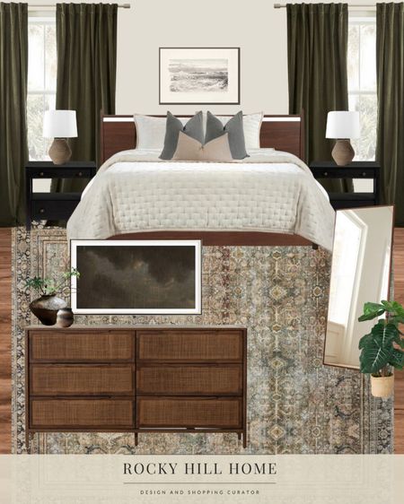 Transitional bedroom design with mid century modern influence, Loloi Layla olive charcoal rug, McGee and co dresser, black pottery barn nightstands, brown table lamps, west elm floor mirror, olive green velvet curtains, muted teal pillows, abstract frame tv art, seascape sketch, ivory bedding and vintage vase 

#LTKstyletip #LTKhome