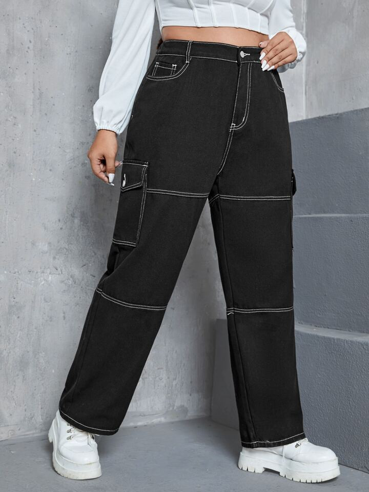 SHEIN Taglie Forti Jeans cargo vita alta impunture tasca laterale con patta | SHEIN