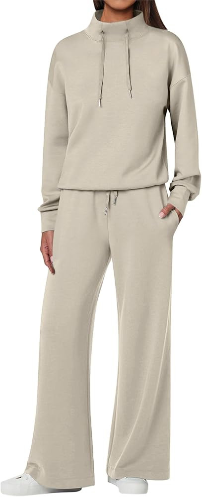 ANRABESS Womens 2 Piece Outfits Sweatsuit Set 2024 Fall Drawstring Sweatshirt Wide Leg Sweatpant ... | Amazon (US)