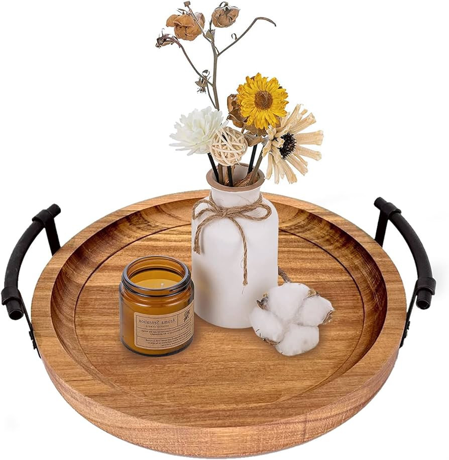Rustic Acacia Wood Decorative Tray, 13" Round Serving Coffee Table Trays with Black Metal Handles... | Amazon (US)