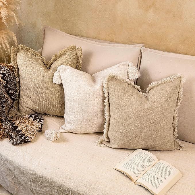 5F Balcony Decorative Boho Throw Pillow Covers 18 × 18 Set of 3 - Neutral Linen Cotton Throw Pil... | Amazon (US)