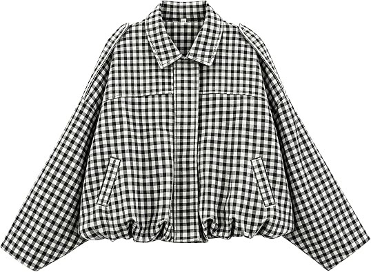 Womens Plaid Bomber Jacket Oversized Lapel Pilot Coat outwear with Pockets | Amazon (US)