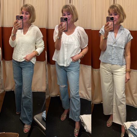 Crochet sweater, white puff sleeve blouse, linen top, wide leg denim, straight jeans and white jeans. Wearing size 26 in denim and I’m 5’3”. 
Ltkxmadewelo 20% off sale. Copy and paste promo code from my link at checkout. 

#LTKxMadewell #LTKSaleAlert #LTKSeasonal