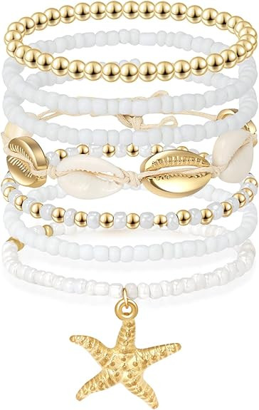 Artlunar Summer Beach Bracelet for Men Women Teens Seashell Starfish Clay Beaded Elastic Stackabl... | Amazon (US)
