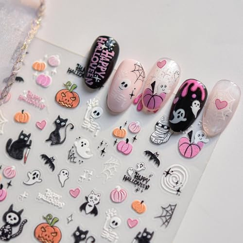Halloween Nail Stickers Ghost Cat Nail Decals Pumpkin Nails Art Stickers with Pink Black Design Cute Nail Decals Nails Art 5D Self Adhesive Nails Supply for Women Girls Manicure DIY Decoration | Amazon (US)