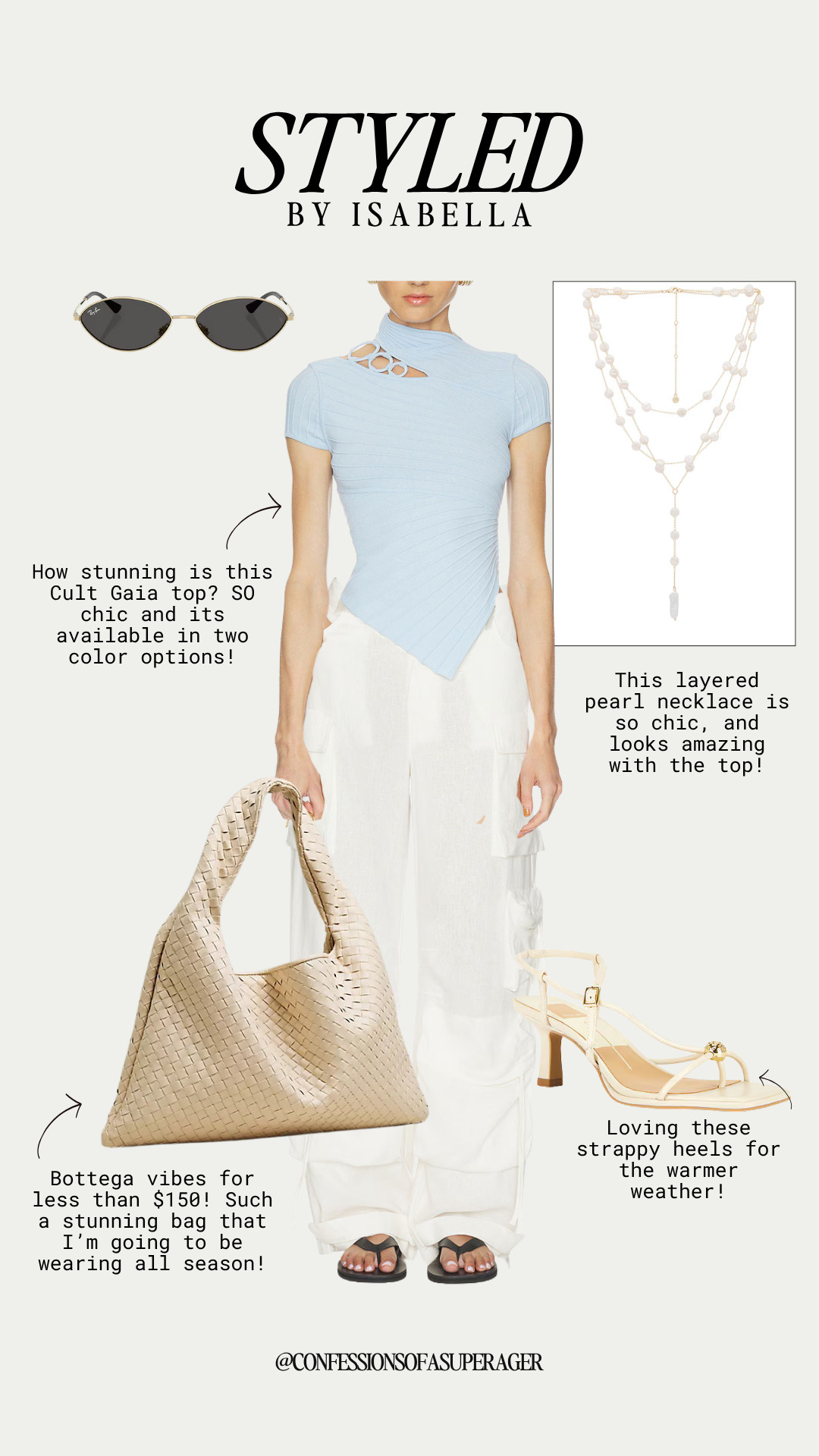 Elevate your casual summer style with this effortlessly chic, resort-ready look featuring a stunning light blue asymmetric Cult Gaia top! I’ve paired this high-fashion ribbed knit top with relaxed white cargo pants for the perfect blend of streetwear and quiet luxury. To dress it up, I added a gorgeous layered pearl lariat necklace, comfortable cream strappy heels, and sleek cat-eye sunglasses. The ultimate standout accessory is this woven leather tote bag that gives major designer Bottega Veneta vibes for less than $150—an absolute must-have wardrobe staple you'll wear all season long. Whether you're heading to a weekend brunch, vacation getaway, or running errands in style, this outfit is pure perfection.#LTKunder150 #CultGaia #BottegaDupe #SummerOutfits #VacationStyle #ResortWear #QuietLuxury #CargoPants #StreetStyle #AsymmetricTop #WovenBag #EffortlessChic #ShopTheLook

#LTKootd #LTKOver40 #LTKSaleAlert