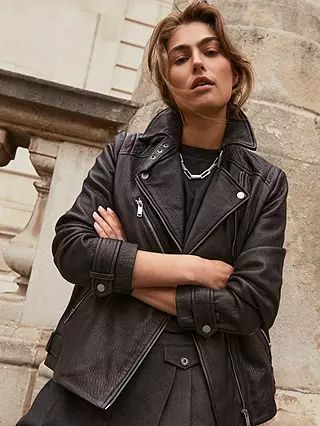 Mint Velvet Oversized Leather Biker Jacket, Black | John Lewis (UK)