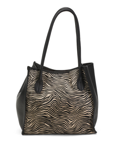 Made In Italy Leather Zebra Central Panel Tote | TJ Maxx