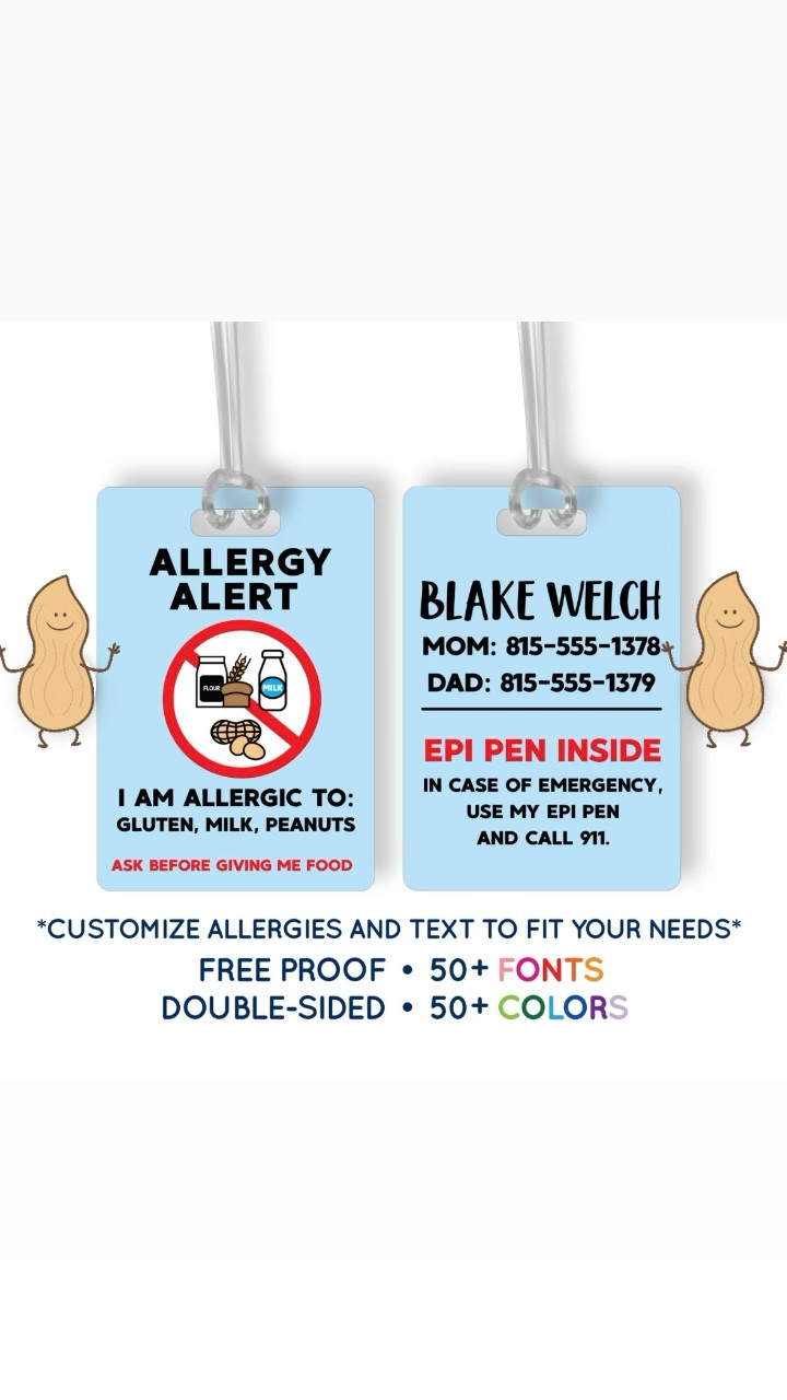 Back to school allergy tags
Custom allergy tags for backpacks and lunchboxes 
Allergy kid 

#LTKFamily #LTKKids #LTKBaby