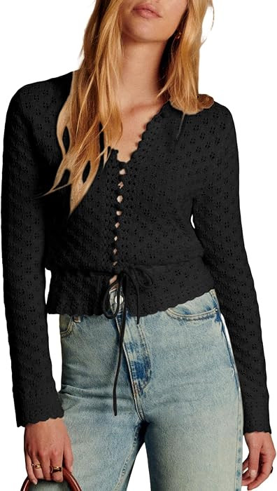 Bianstore Womens Casual Long Sleeve Crewneck Crochet Cardigan Lightweight Hollow Out Tie Front Knit Sweater Tops | Amazon (US)