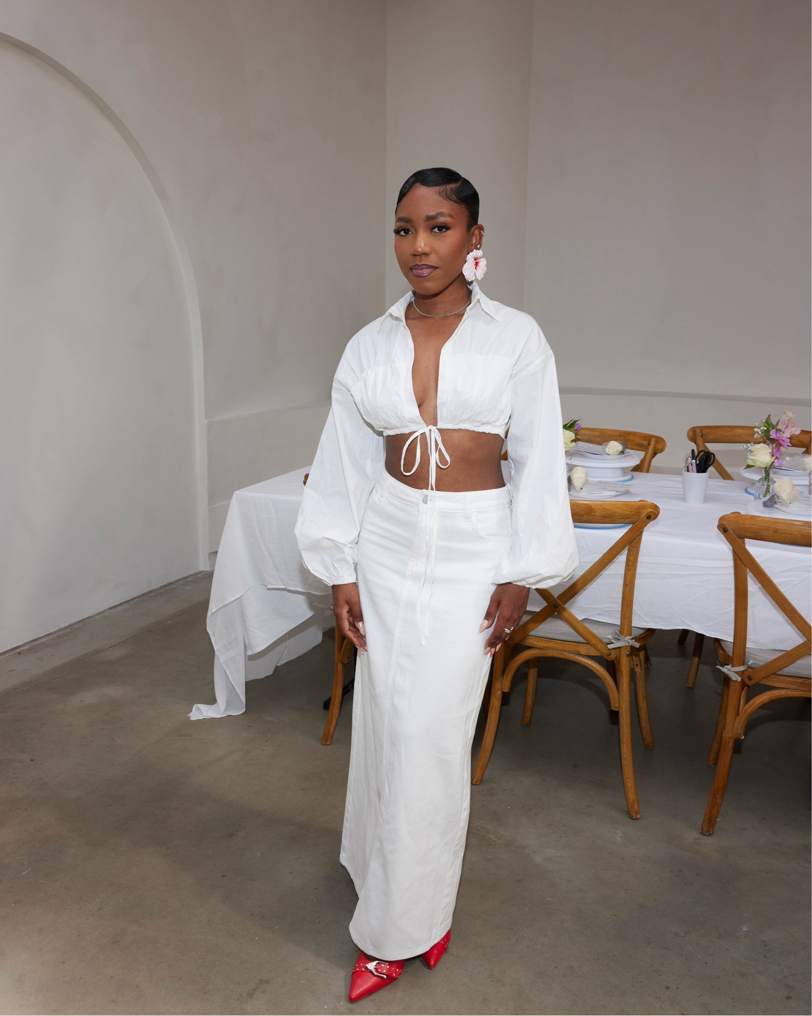 classy all white outfit. red pointy heels. asos high heels. public desire heels. red high heels. flower earrings. flower accessories. white blouse. white skirt. white denim skirt. maxi skirt. denim skirt. denim maxi skirt. neutral clothing. white clothing. cropped blouse. misguided clothing. classy white outfitts

#LTKstyletip #LTKnederlands #LTKeurope