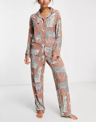 Chelsea Peers leopard print jersey button top and pants pajama set in brown | ASOS (Global)
