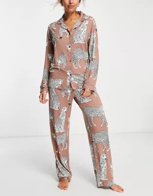 Chelsea Peers leopard print jersey button top and pants pajama set in brown | ASOS (Global)