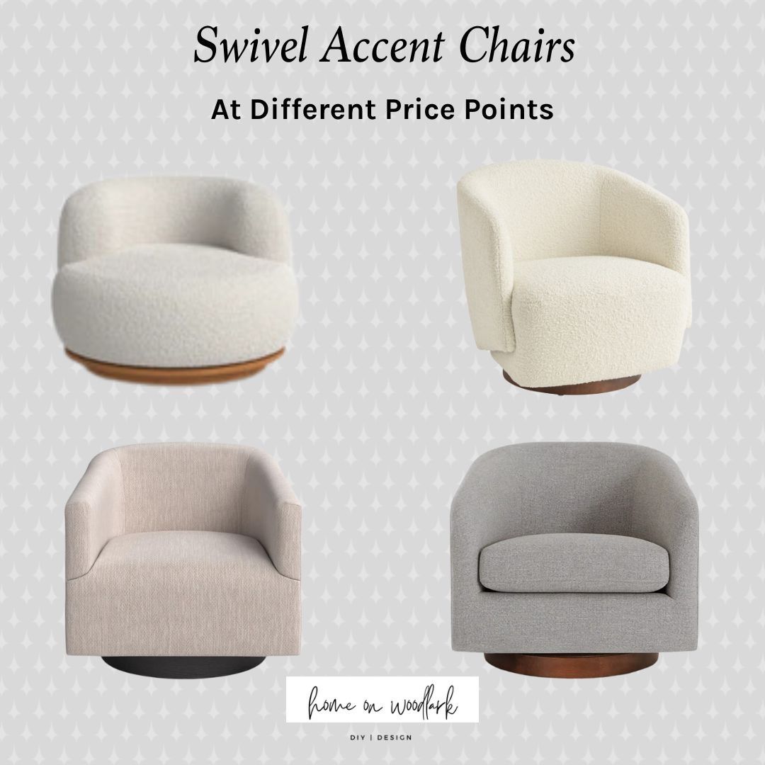 Accent swivel chairs at different price points.  

Wayfair swivel chair.  World Market swivel chair.  Amazon swivel chair.  Accent chair.  Living room furniture.  

#LTKCyberWeek #LTKHome #LTKSaleAlert