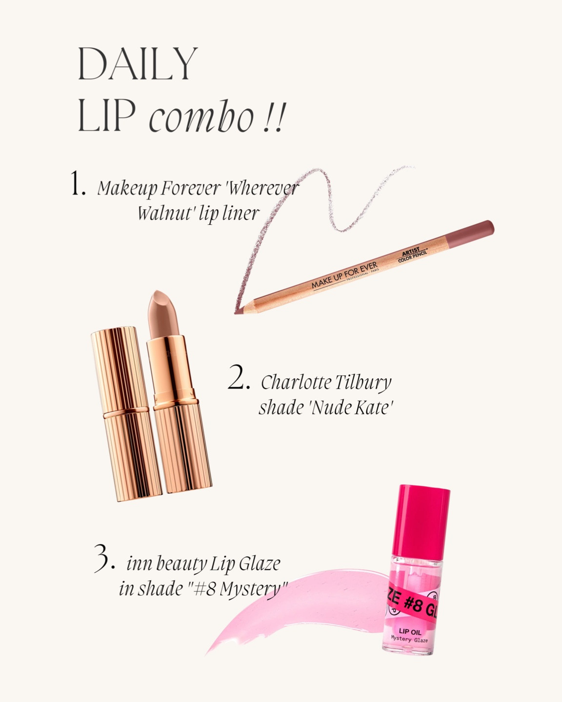 Liner: wherever walnut
Lipstick: nude Kate
Gloss: mystery glaze 


